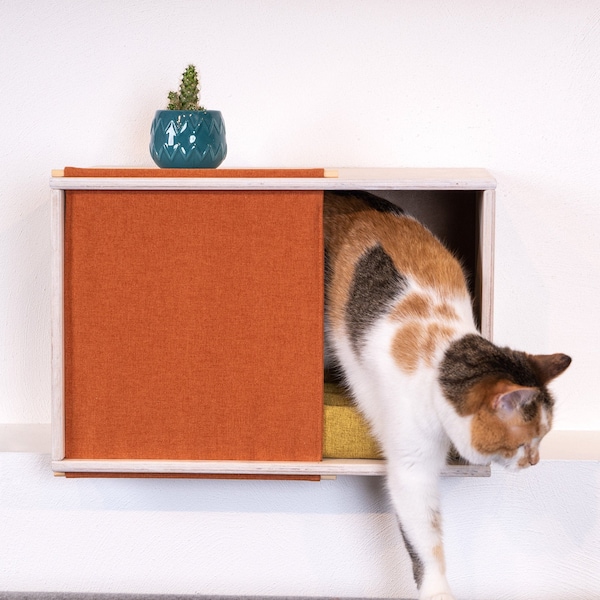 Väggmonterad kattbänk med textilpanel / Minimalistiskt katthus