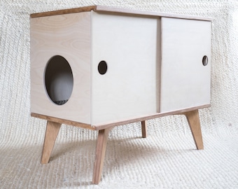 Cubierta de caja de arena para gatos con puerta corredera, L, muebles de caja de arena para gatos, gabinete de arena para gatos, casa para mascotas, almacenamiento de arena para gatos, muebles para mascotas de madera contrachapada