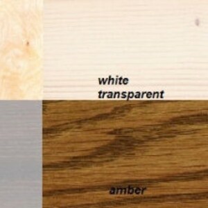 May include: Four wood samples showing different wood finishes: natural birch, white transparent, amber, and black transparent.
