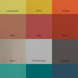 May include: A color chart with 12 different colors, including Lemongrass, Olive, Orange, Rose, Pink, Brick, Sand, Discreet grey, Graphite, Emerald, Petrol, and Opal.