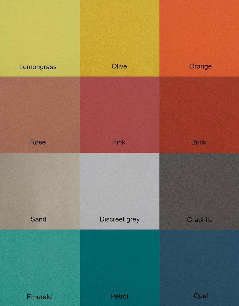 May include: A color chart with 12 different colors, including Lemongrass, Olive, Orange, Rose, Pink, Brick, Sand, Discreet grey, Graphite, Emerald, Petrol, and Opal.