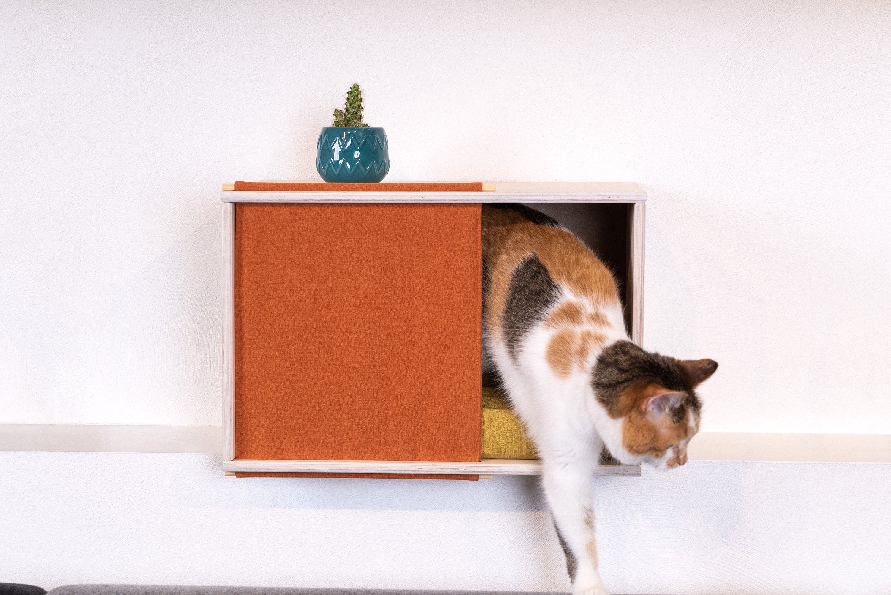 Wall mounted cat perch with textile panel / Minimalist cat house