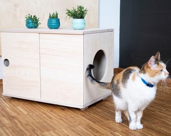Cat litter box furniture, M, Cat litter cabinet, Cat litter cover, Plywood pet furniture