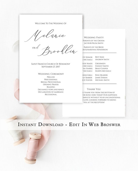Simple Wedding Program Template Instant Download Ceremony Etsy