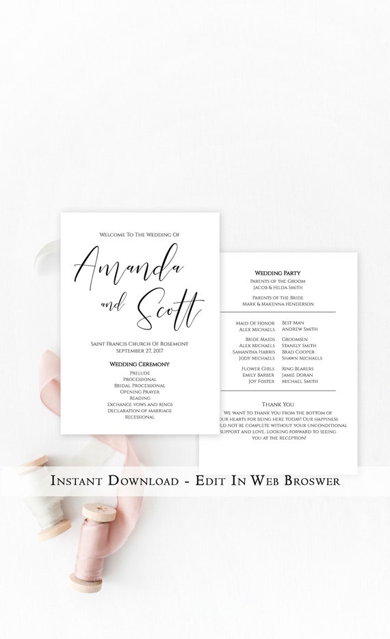 Modern Wedding Program Template Instant Download Simple Etsy