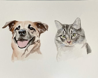 Multiple Pet Portrait from custom photo, Watercolor painting