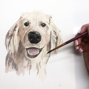Puede incluir: Pintura acuarela de un perro golden retriever con ojos marrones y nariz negra. El perro está mirando directamente al espectador con la boca ligeramente abierta. La pintura está hecha en un estilo realista y captura la personalidad juguetona del perro.