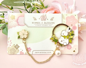 Bunnies & Blossoms Enamel Pin - Linked with Collar / Brooch Chain