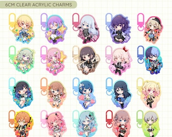 May include: A set of 16 colorful acrylic charms featuring anime characters from the Project Sekai game. Each charm is 6 cm in size and features a different character with a unique design.