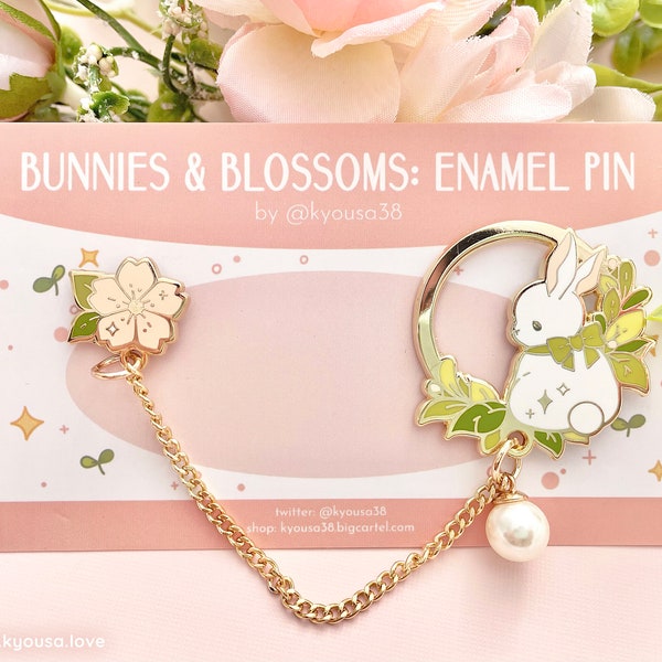 Bunnies & Blossoms Enamel Pin - Linked with Collar / Brooch Chain