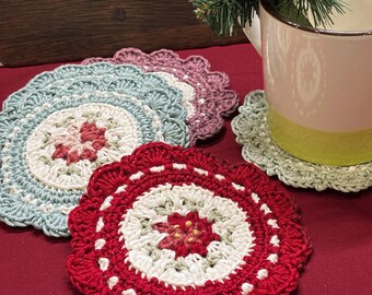 Handmade Crochet Coasters: Christmas Poinsettia & Vintage Roses - 100% Mercerized Egyptian Cotton