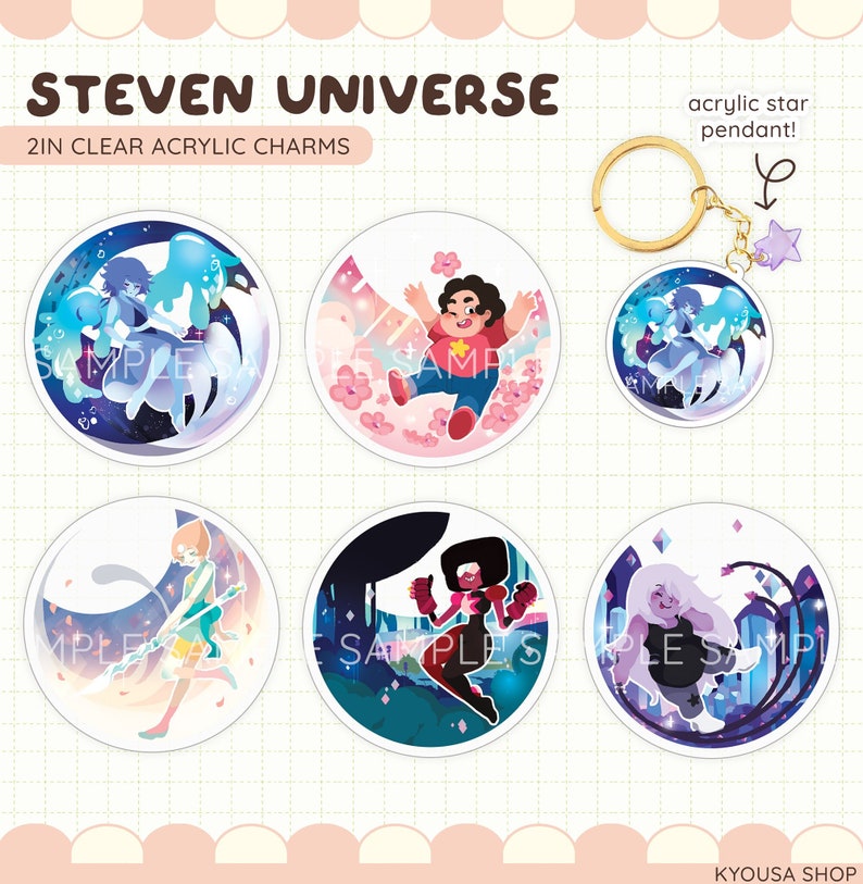 May include: Six 2-inch clear acrylic charms featuring characters from the animated television series Steven Universe. The characters include Steven, Garnet, Amethyst, Pearl, Lapis Lazuli, and Peridot. Each charm has a colorful design with a white background.