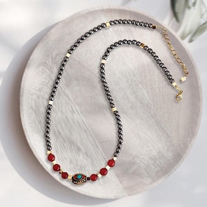 Egyptian gemstone necklace,  Red Carnelian beads, Black hematite necklace, Gemstone jewelry, Short bead necklace, Protection stone jewelry