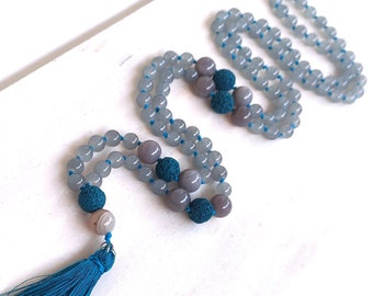 108 bead Meditation Mala, Agate Mala and Silk Tassel, Yoga Mala Beads, Energy Prayer Jewelry, Self Love Mala Beads, Hand Knotted Necklace