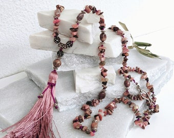 Gemstone necklace with tassel, Natural Rhodonite stone, Jewelry for Women, Yoga, Mala whit healing stone, Gift for her