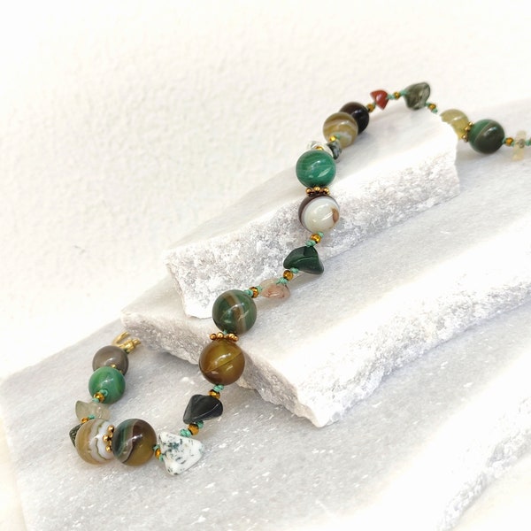 Indian agate beads necklace, Gemstone jewelry, Green beads, Natural stone, Beads Jewelry, Multicolor Gemstone Necklace