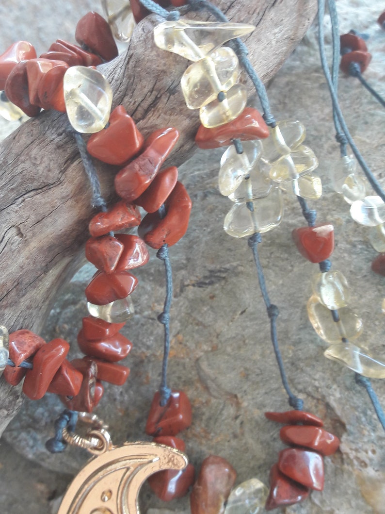 Unique beautiful long necklace Ethnic pendant Gemstone woman jewels Birthday boho style Natural Lava Jasper Citrine Handmade female gift