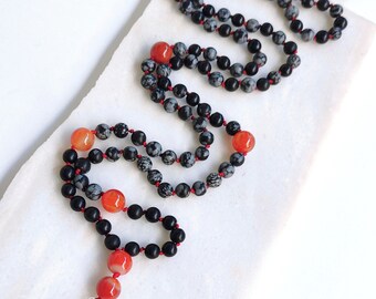 Howlite, Carnelian & Obsidian meditation mala 108 beads and tassel, Obsidian gems necklace, Carnelian Yoga jewelry, Energy prayer jewelry