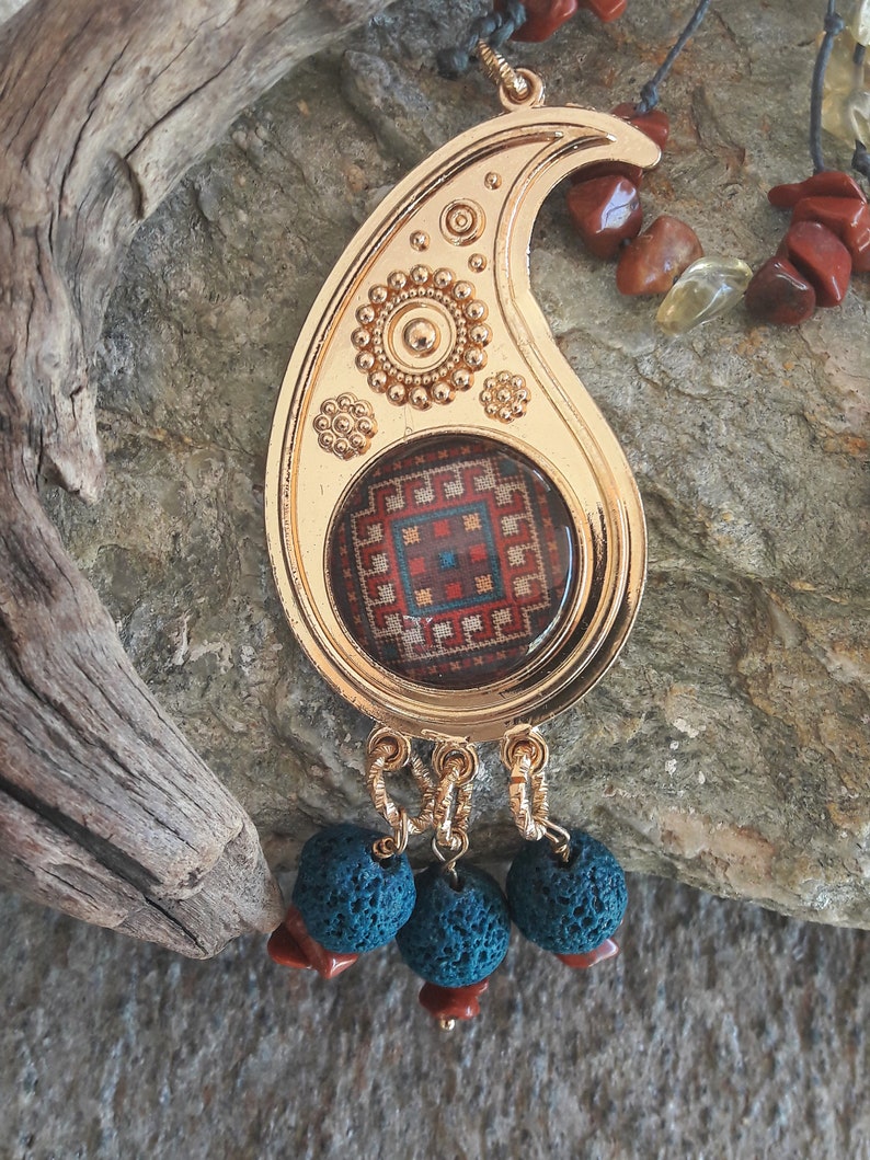 Unique beautiful long necklace Ethnic pendant Gemstone woman jewels Birthday boho style Natural Lava Jasper Citrine Handmade female gift