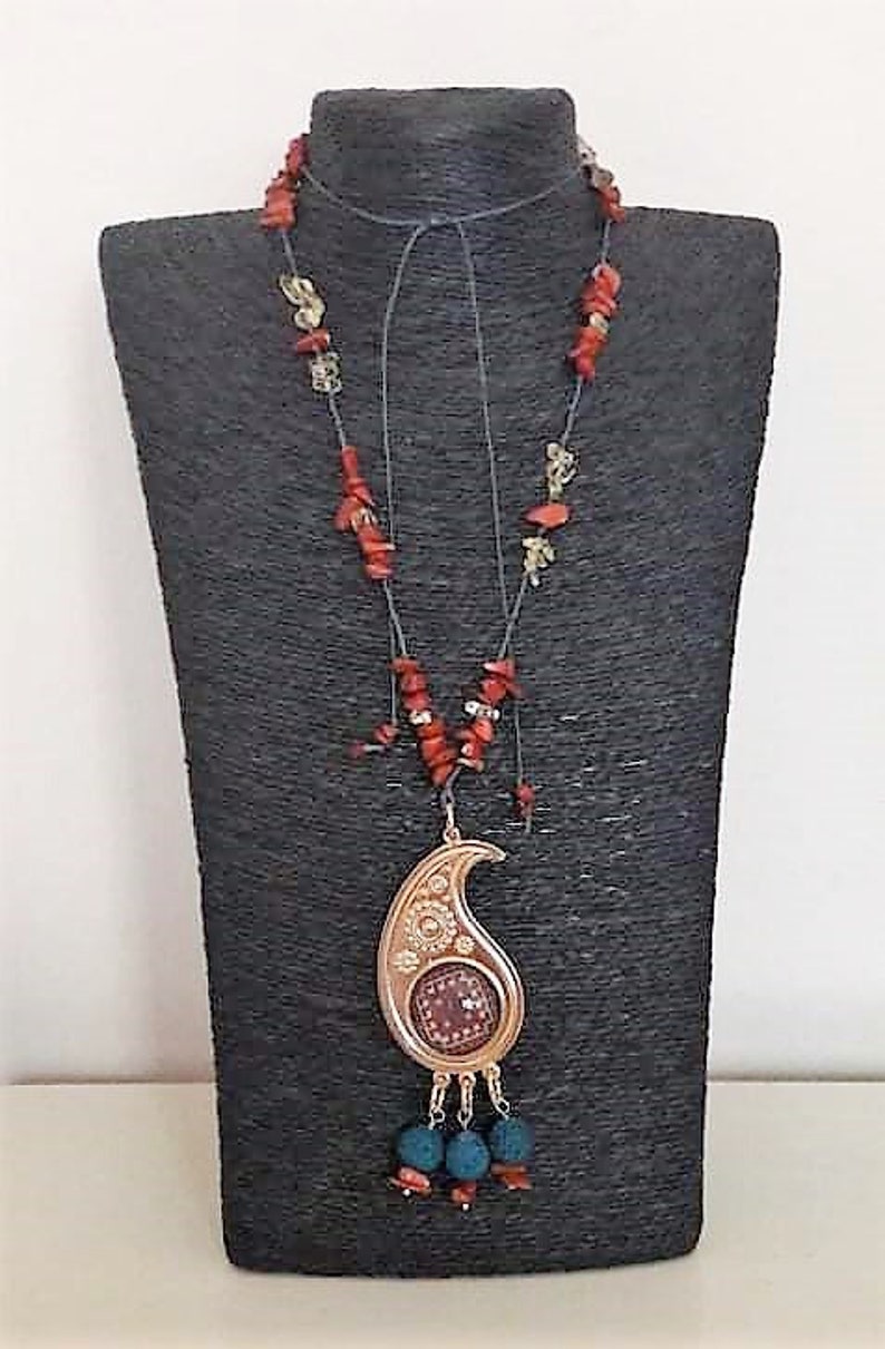 Unique beautiful long necklace Ethnic pendant Gemstone woman jewels Birthday boho style Natural Lava Jasper Citrine Handmade female gift