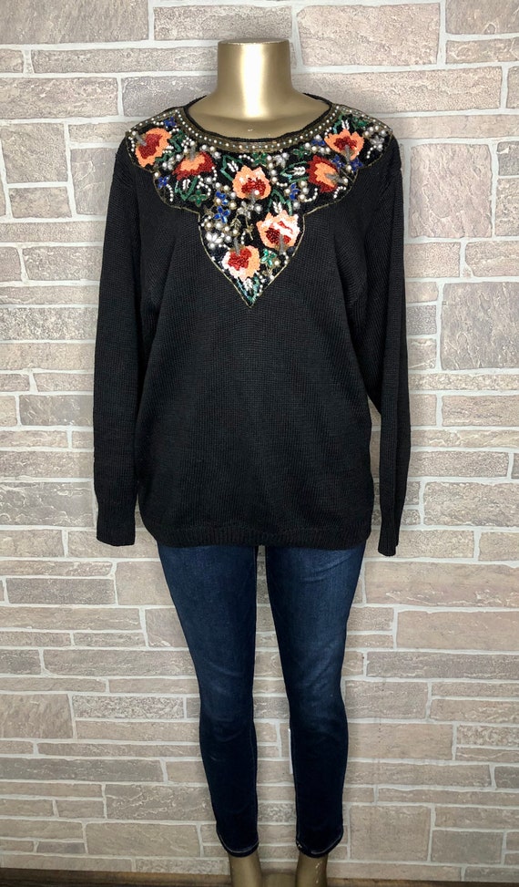 Vintage 80’s Embellished Sweater For Women Floral 