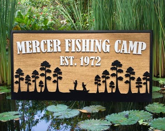 Personalized Fishing Camp Sign: Rustic Cabin Decor with Family Name