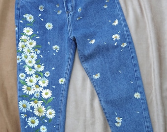 Painted Jeans Daisy Floral Painted Denim Be Amazing | Etsy