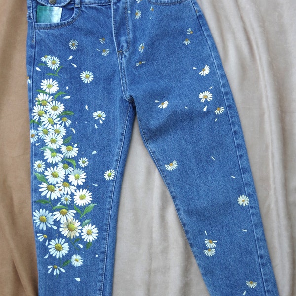 Painted Jeans Daisy Floral Coupe slim Bleu Painted denim Be amazing