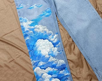 Hand-Painted Jeans[Cloud] Wearable Art Custom Jeans Artisan Jeans Unique Denim Custom Painted Clothing_ New day begins