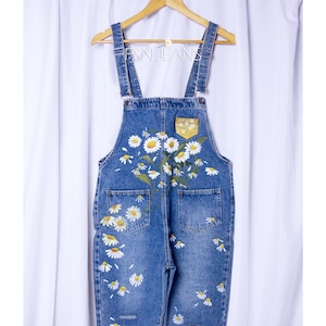 Hand-Painted [Size S only] Overalls Jeans  Daisy Floral  Blue  Painted Denim | Be Amazing | PXNArt