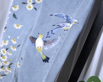 Daisy  and Birds Wearable Art Hand-Painted Denim Hand Painted Jeans Custom Jeans Artisan Jeans Unique Denim Custom Painted Clothing | PXNArt