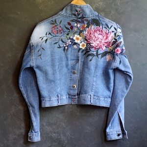 Painted Jeans Crop Top Jacket Floral Floral Painting Painted Denim - Etsy