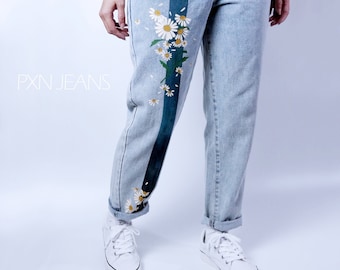 Hand Painted Jeans Stripe Daisy Jeans Collection Wearable Art Custom Jeans Artisan Jeans Unique Denim Custom Painted Clothing