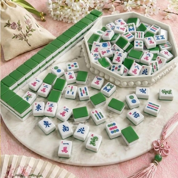 Cabana Green Mahjong Set – American Melamine Tiles, Racks & Striped Bag - New Pastel Palette! Available Now!