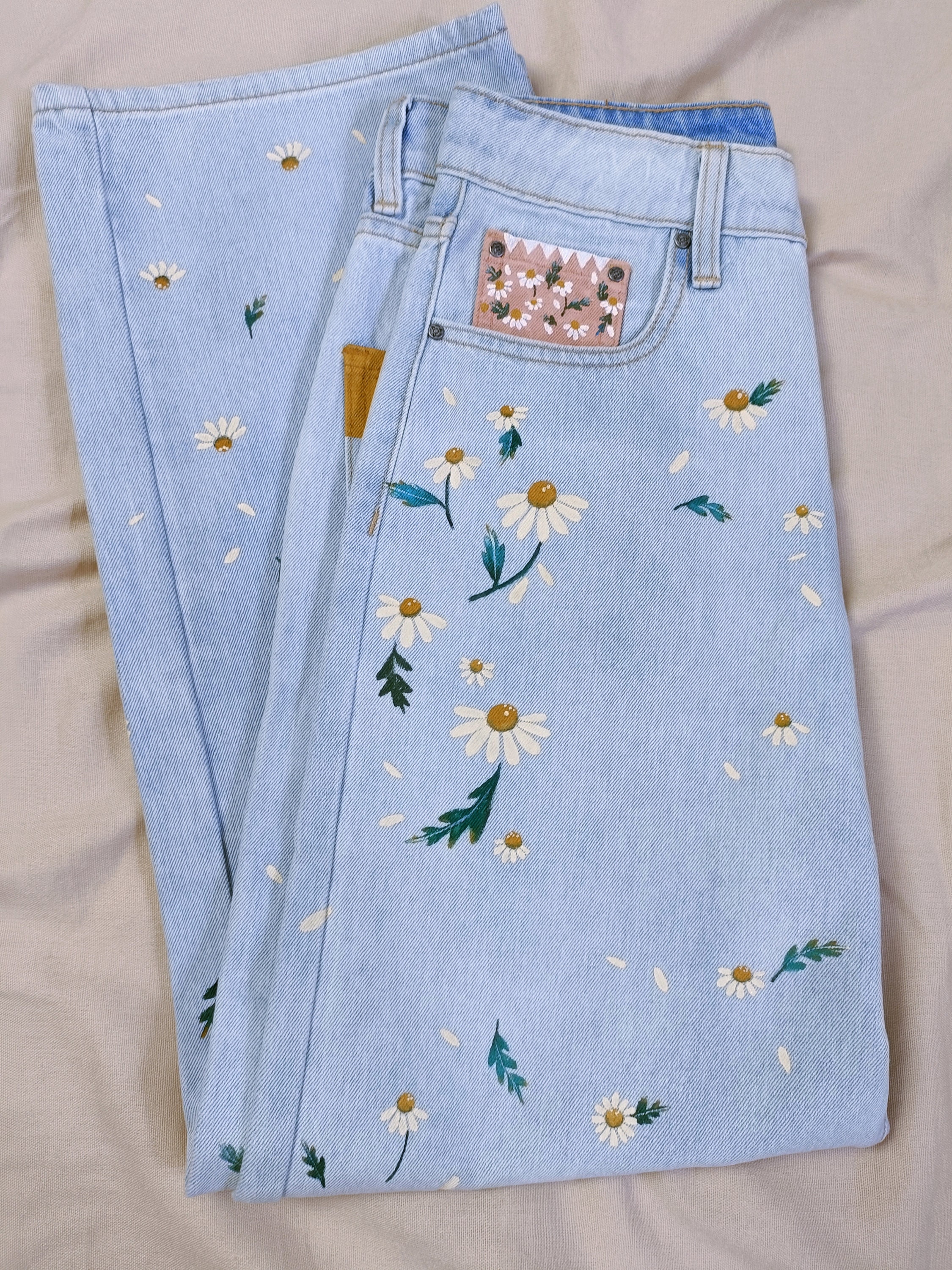 Painted Jeans Daisy Floral High Waist Light Blue Yellow and Pink back pocket Painted denim Be amazing