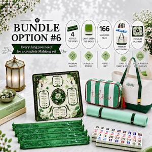 K&ouml;nnte beinhalten: Ein Mahjong-Set-Bundle mit 166 Spielsteinen, vier gr&uuml;nen Acryl-Haltern, einer gr&uuml;n-wei&szlig; gestreiften Tasche, einer Canvas-Tragetasche mit MAHJ-Aufschrift, einer aufgerollten Spielmatte und einem quadratischen Spielbrett mit Lotus- und Kranich-Motiv.