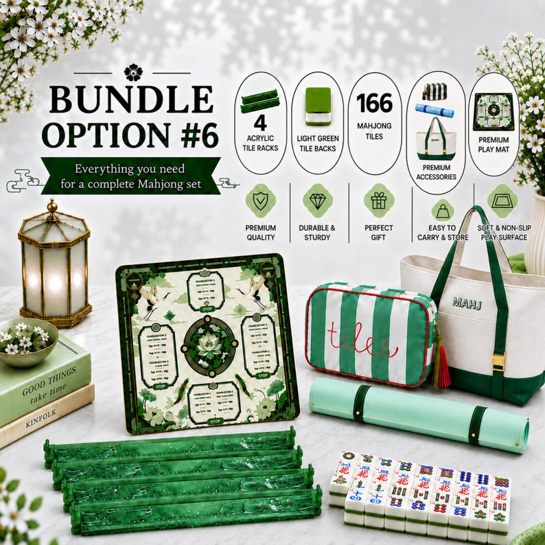 K&ouml;nnte beinhalten: Ein Mahjong-Set-Bundle mit 166 Spielsteinen, vier gr&uuml;nen Acryl-Haltern, einer gr&uuml;n-wei&szlig; gestreiften Tasche, einer Canvas-Tragetasche mit MAHJ-Aufschrift, einer aufgerollten Spielmatte und einem quadratischen Spielbrett mit Lotus- und Kranich-Motiv.