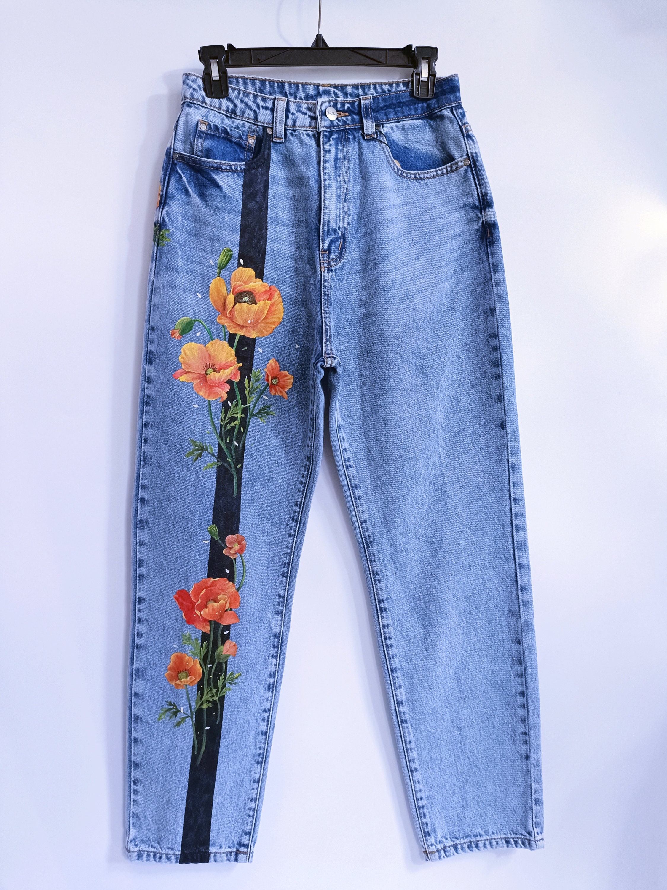 Orange Poppy Floral Wearable Art Hand-painted Denim Custom Jeans