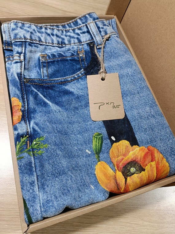 Orange Poppy Floral Wearable Art Hand-painted Denim Custom Jeans