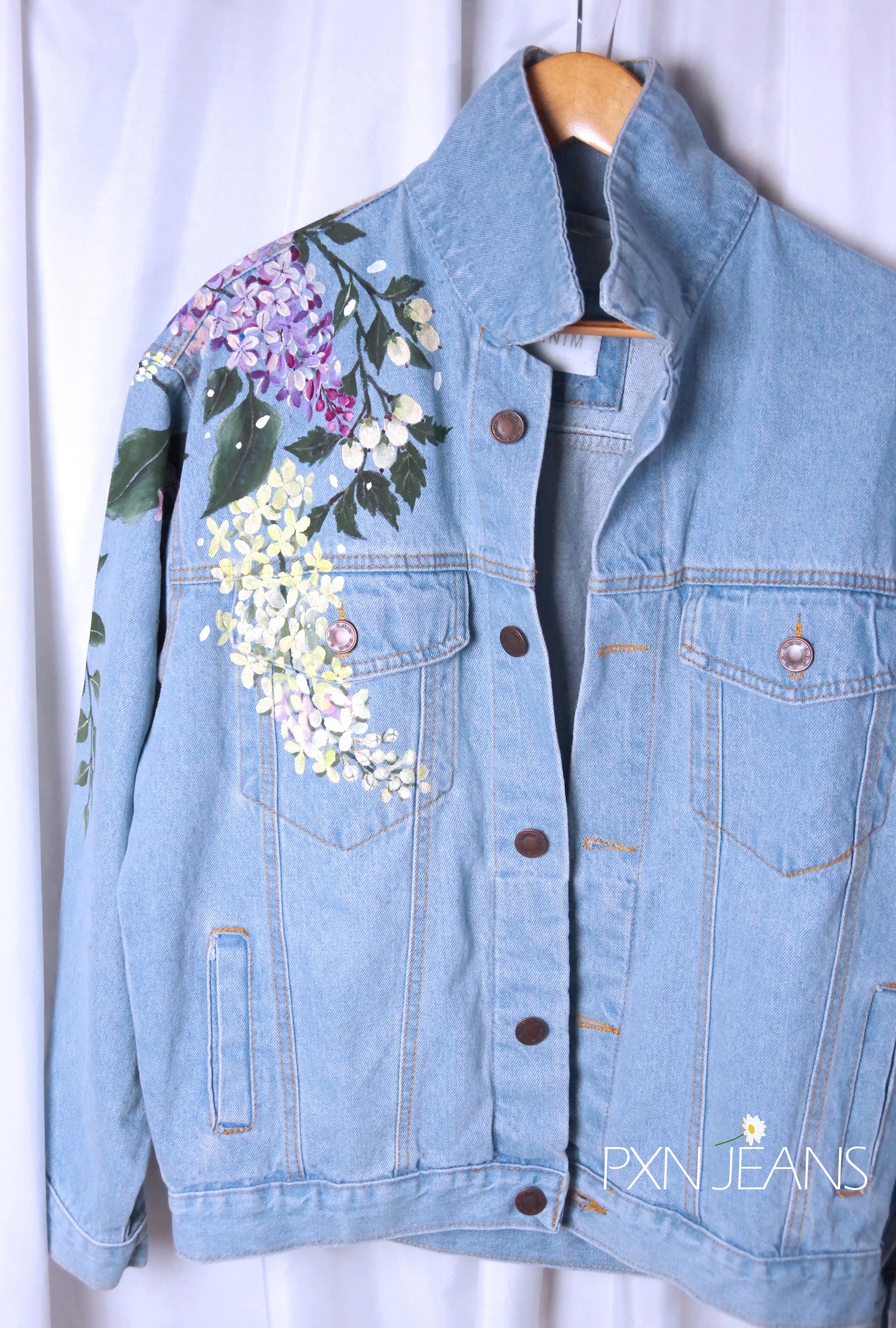 Painted Jeans Oversize Jacket Chrysanthemum and Bird Floral - Etsy