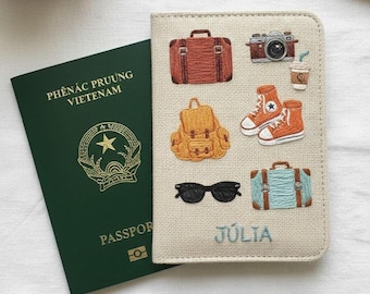 Funda de pasaporte de lino personalizada, portapasaporte floral bordado a mano, cartera de viaje para bodas y luna de miel, regalo personalizado para viajeros.
