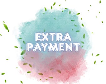 May include: Image featuring the words "EXTRA PAYMENT" in a white, outlined font. The text is set against a watercolour background of teal and pink, with green leaves scattered around the edges.