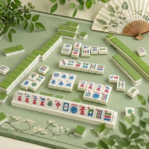 May include: A Mahjong set featuring white tiles with green backs, arranged on a green mat. The tiles display various Chinese characters, numbers, and symbols in red, blue, and green ink. A white tile rack holds a row of tiles, and a folding fan is visible.