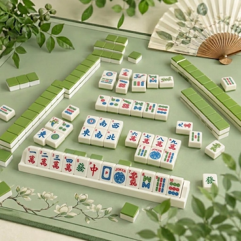 May include: A Mahjong set featuring white tiles with green backs, arranged on a green mat. The tiles display various Chinese characters, numbers, and symbols in red, blue, and green ink. A white tile rack holds a row of tiles, and a folding fan is visible.