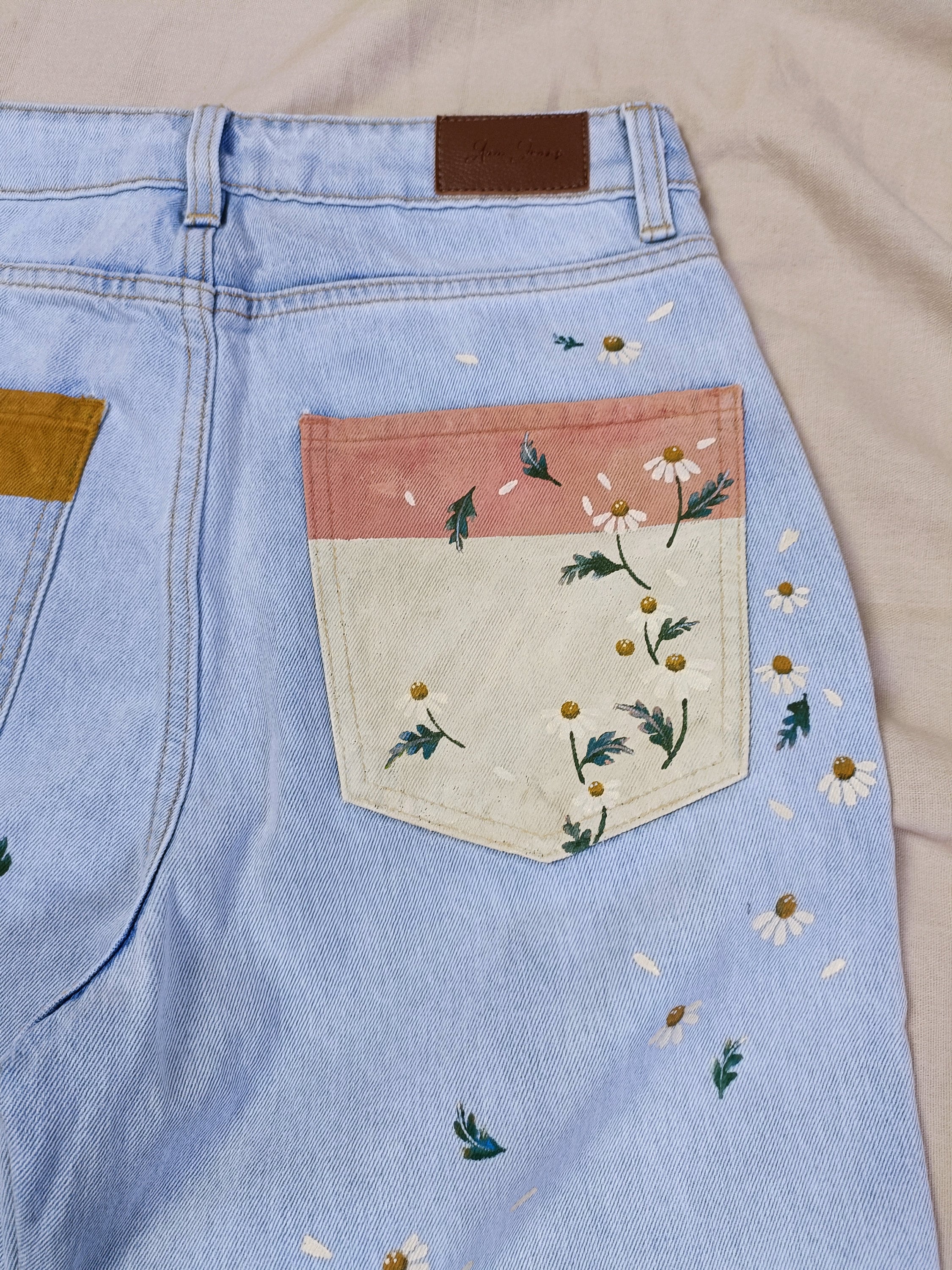 Painted Jeans Daisy Floral High Waist Light Blue Yellow and Pink Back Pocket Painted Denim Be Amazing Etsy