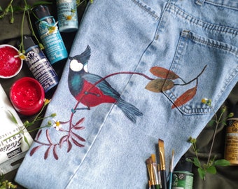 Hand Painted Jeans Birdy Wearable Art Custom Painted Clothing Painted Denim Custom Jeans ArtisanJeans Unique Denim PXNArt