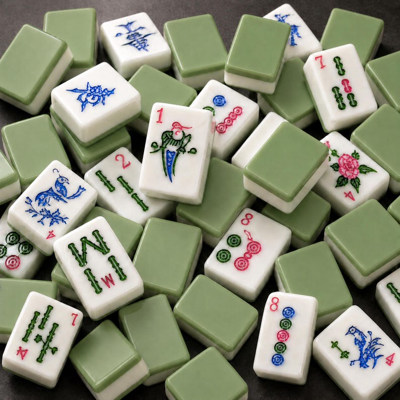 K&ouml;nnte beinhalten: Eine Sammlung rechteckiger Mahjong-Spielsteine mit wei&szlig;en Vorderseiten und salbeigr&uuml;nen R&uuml;ckseiten. Die Steine zeigen verschiedene eingravierte Symbole, darunter Bambusst&auml;be, Kreise, chinesische Schriftzeichen und florale Motive.