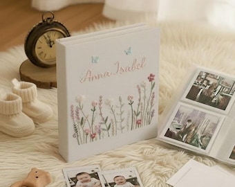 Álbum de fotos para bebé bordado a mano con fundas, álbum de fotos personalizado, regalo de aniversario, regalo para bebé, álbum de fotos único, álbum de fotos para bebé