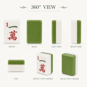 K&ouml;nnte beinhalten: Eine 360-Grad-Ansicht eines rechteckigen Mahjong-Steins mit einer wei&szlig;en Vorderseite, dem roten chinesischen Schriftzeichen f&uuml;r zehntausend und der Zahl 1, einer einfarbig gr&uuml;nen R&uuml;ckseite sowie gr&uuml;n-wei&szlig;en Seitenfl&auml;chen aus verschiedenen Winkeln.