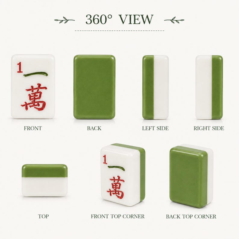 K&ouml;nnte beinhalten: Eine 360-Grad-Ansicht eines rechteckigen Mahjong-Steins mit einer wei&szlig;en Vorderseite, dem roten chinesischen Schriftzeichen f&uuml;r zehntausend und der Zahl 1, einer einfarbig gr&uuml;nen R&uuml;ckseite sowie gr&uuml;n-wei&szlig;en Seitenfl&auml;chen aus verschiedenen Winkeln.